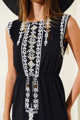 Etnik Desen Bel Lastikli Elbise Siyah - Kadın Giyim Modelleri