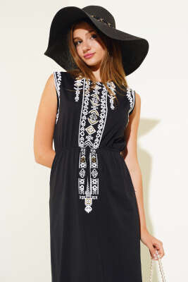 Etnik Desen Bel Lastikli Elbise Siyah - Kadın Giyim Modelleri