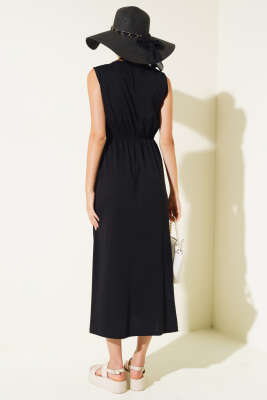 Etnik Desen Bel Lastikli Elbise Siyah - Kadın Giyim Modelleri