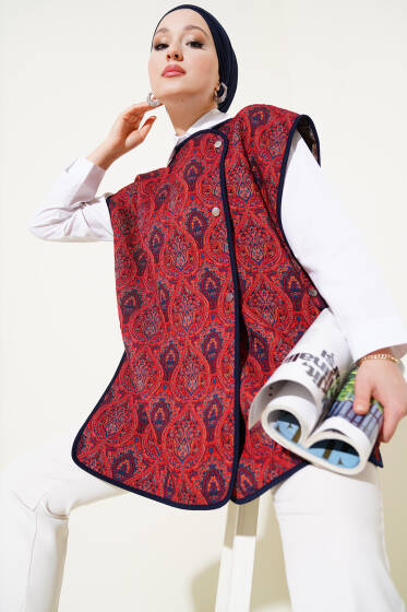 Etnik Desen Çıtçıtlı Süveter Bordo - Tek Kalanlar