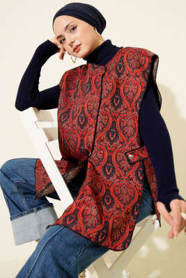 Etnik Desen Çıtçıtlı Yelek Bordo - VAV TEKSTİL