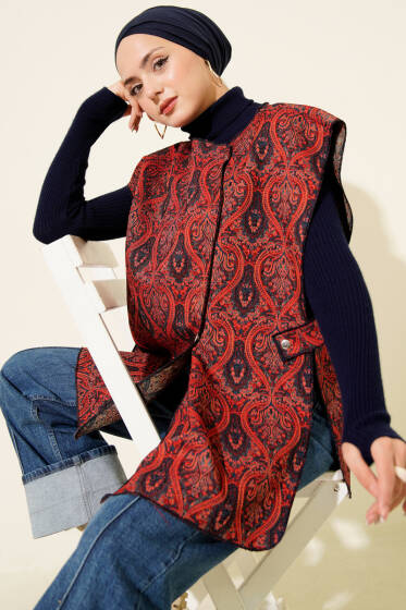 Etnik Desen Çıtçıtlı Yelek Bordo - Yelek