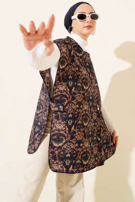 Etnik Desen Çıtçıtlı Yelek Lacivert - VAV TEKSTİL