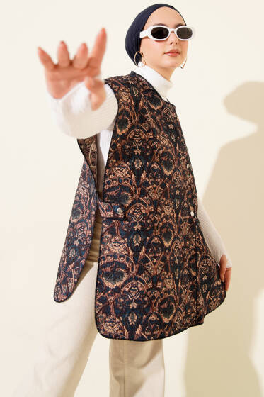 Etnik Desen Çıtçıtlı Yelek Lacivert - Yelek