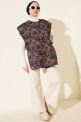 Etnik Desen Çıtçıtlı Yelek Lacivert - Yelek