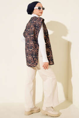 Etnik Desen Çıtçıtlı Yelek Lacivert - Yelek