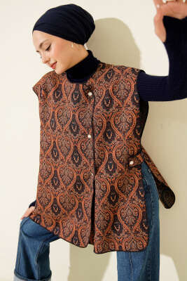 Etnik Desen Çıtçıtlı Yelek Taba - VAV TEKSTİL