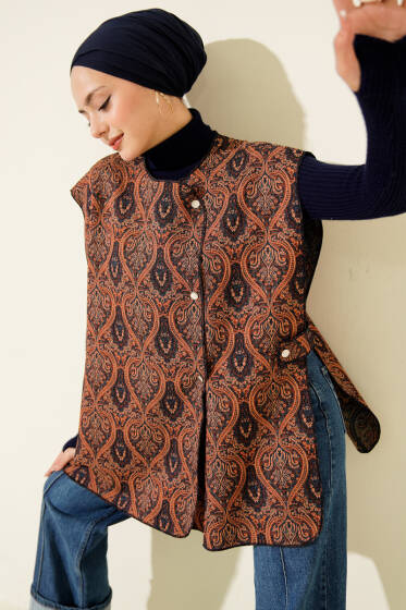 Etnik Desen Çıtçıtlı Yelek Taba - Yelek