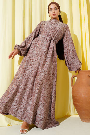 Etnik Desen Detaylı Kuşaklı Elbise Kahve - Tesettür Elbise