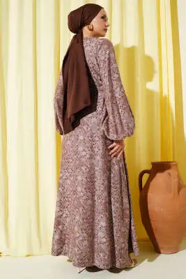 Etnik Desen Detaylı Kuşaklı Elbise Kahve - Tesettür Elbise