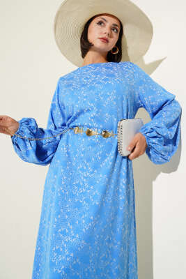 Etnik Desen Detaylı Kuşaklı Elbise Mavi - Tesettür Elbise