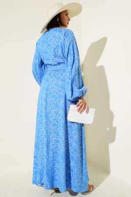 Etnik Desen Detaylı Kuşaklı Elbise Mavi - Tesettür Elbise