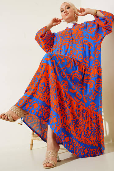 Etnik Desen Dokuma Kloş Elbise Oranj - Tesettür Elbise