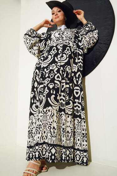 Etnik Desen Dokuma Kloş Elbise Siyah - Tesettür Elbise