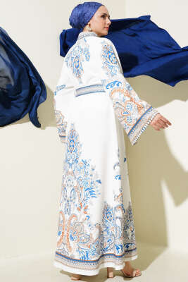 Etnik Desen Düğmeli Kemerli Elbise Beyaz - Tesettür Elbise