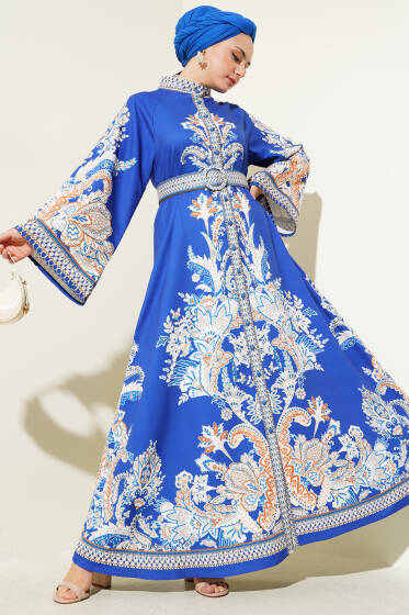 Etnik Desen Düğmeli Kemerli Elbise Saks - Elbise