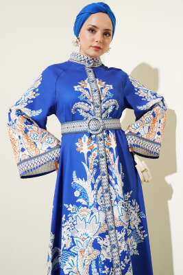 Etnik Desen Düğmeli Kemerli Elbise Saks - Tesettür Elbise