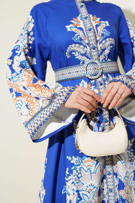 Etnik Desen Düğmeli Kemerli Elbise Saks - Tesettür Elbise