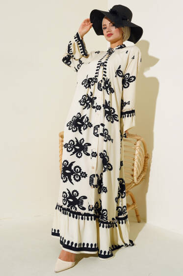 Etnik Desen Düğmeli Salaş Elbise Bej - Elbise