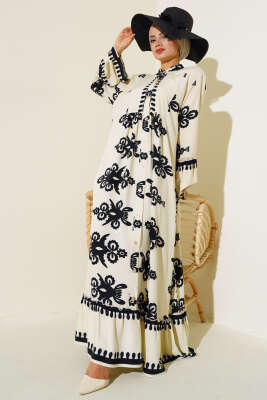 Etnik Desen Düğmeli Salaş Elbise Bej 