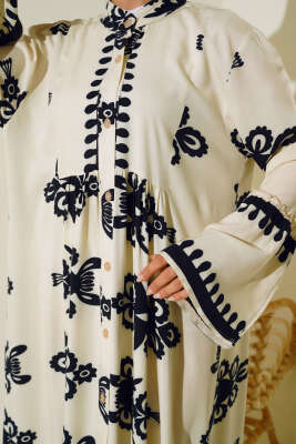 Etnik Desen Düğmeli Salaş Elbise Bej - Tesettür Elbise