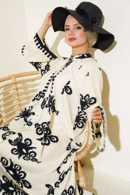 Etnik Desen Düğmeli Salaş Elbise Bej - Tesettür Elbise