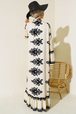 Etnik Desen Düğmeli Salaş Elbise Bej - Tesettür Elbise