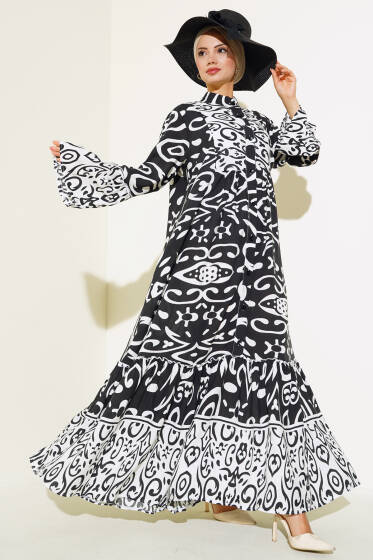 Etnik Desen Düğmeli Salaş Elbise Beyaz - Elbise