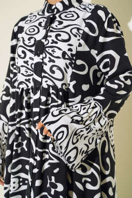 Etnik Desen Düğmeli Salaş Elbise Beyaz - Tesettür Elbise