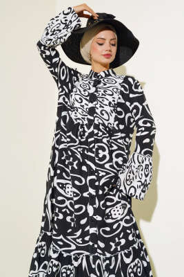 Etnik Desen Düğmeli Salaş Elbise Beyaz - Tesettür Elbise