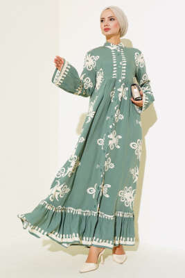 Etnik Desen Düğmeli Salaş Elbise Çağla Yeşili 