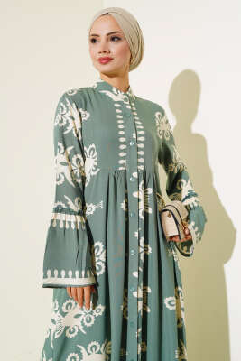 Etnik Desen Düğmeli Salaş Elbise Çağla Yeşili - Tesettür Elbise