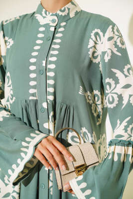 Etnik Desen Düğmeli Salaş Elbise Çağla Yeşili - Tesettür Elbise