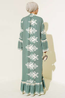 Etnik Desen Düğmeli Salaş Elbise Çağla Yeşili - Tesettür Elbise