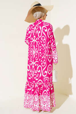 Etnik Desen Düğmeli Salaş Elbise Fuşya - Tesettür Elbise