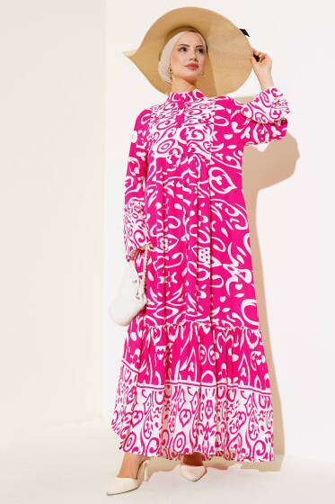 Etnik Desen Düğmeli Salaş Elbise Fuşya - Tesettür Elbise