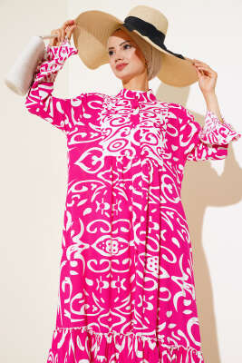 Etnik Desen Düğmeli Salaş Elbise Fuşya - Tesettür Elbise