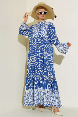 Etnik Desen Düğmeli Salaş Elbise İndigo 