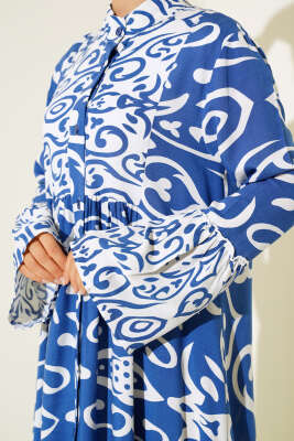 Etnik Desen Düğmeli Salaş Elbise İndigo - Tesettür Elbise