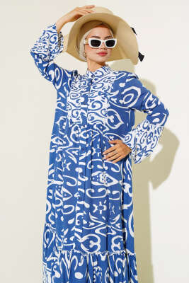 Etnik Desen Düğmeli Salaş Elbise İndigo - Tesettür Elbise