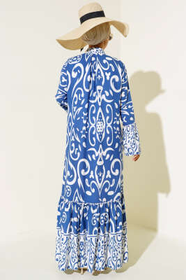 Etnik Desen Düğmeli Salaş Elbise İndigo - Tesettür Elbise