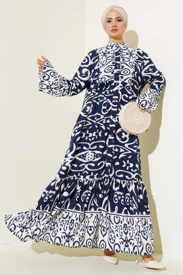 Etnik Desen Düğmeli Salaş Elbise Lacivert - Elbise