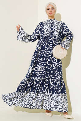 Etnik Desen Düğmeli Salaş Elbise Lacivert - ZAMANE (QSS)