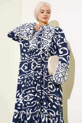 Etnik Desen Düğmeli Salaş Elbise Lacivert - Tesettür Elbise