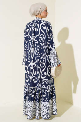 Etnik Desen Düğmeli Salaş Elbise Lacivert - Tesettür Elbise