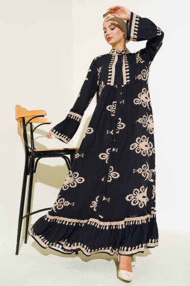 Etnik Desen Düğmeli Salaş Elbise Latte - Elbise