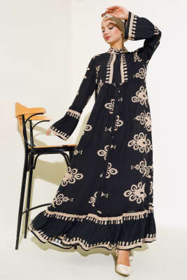 Etnik Desen Düğmeli Salaş Elbise Latte 