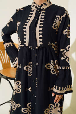 Etnik Desen Düğmeli Salaş Elbise Latte - Tesettür Elbise