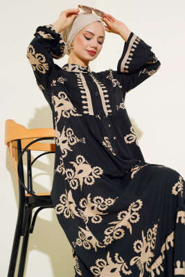 Etnik Desen Düğmeli Salaş Elbise Latte - Tesettür Elbise