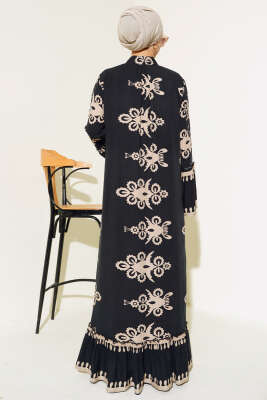 Etnik Desen Düğmeli Salaş Elbise Latte - Tesettür Elbise